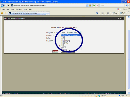 Sreenshot of program area selection list box